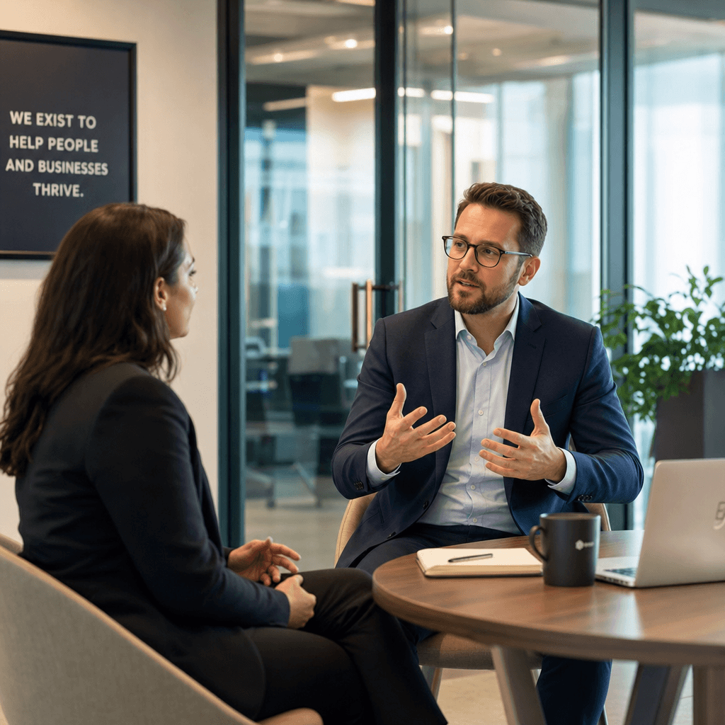 Leader having a candid one-on-one conversation with a former peer in a modern office