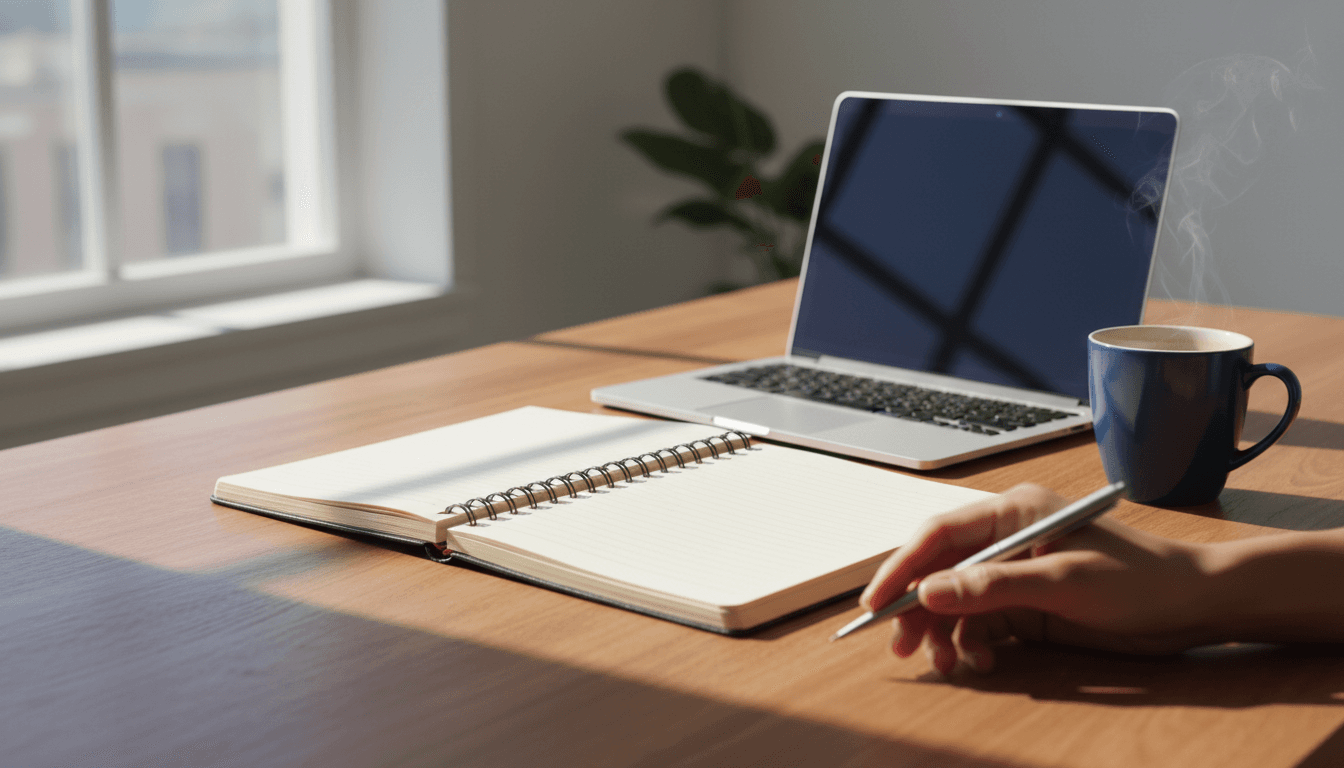 A clean desk workspace with an open notebook and laptop, suggesting thoughtful planning and leadership consultation