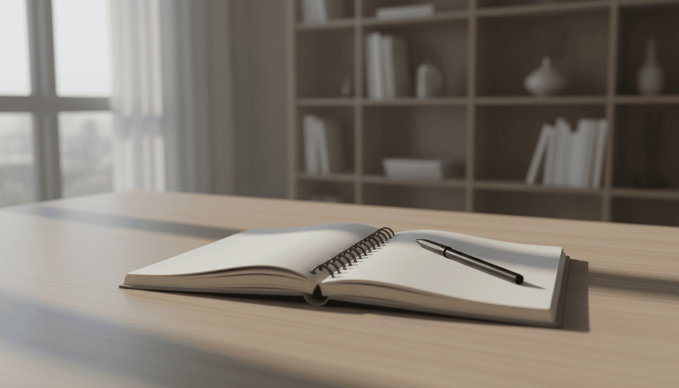 Open notebook and pen on a desk in quiet morning light