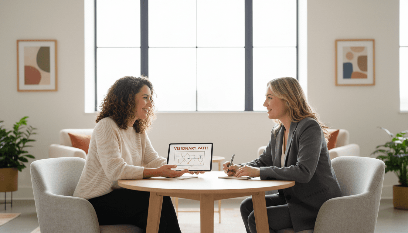 Michelle Sumrall in a leadership coaching session with a client in a bright Wilmington office