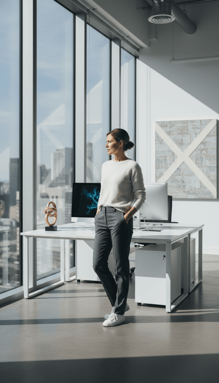 Professional consultant standing confidently in minimalist modern office with natural light and contemporary design