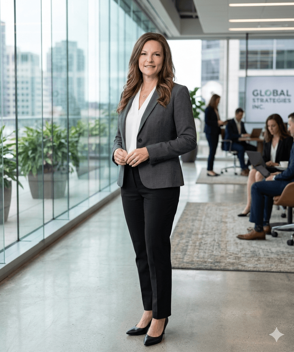 Smiling woman in a grey blazer and black trousers standing in a modern corporate office.